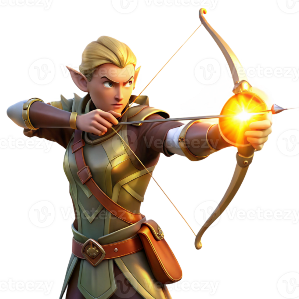 beautiful modern A graceful elf archer aiming a bow, clad in leather armor, lit by the golden rays of a setting sun. Romantic fantasy, realistic style premium png