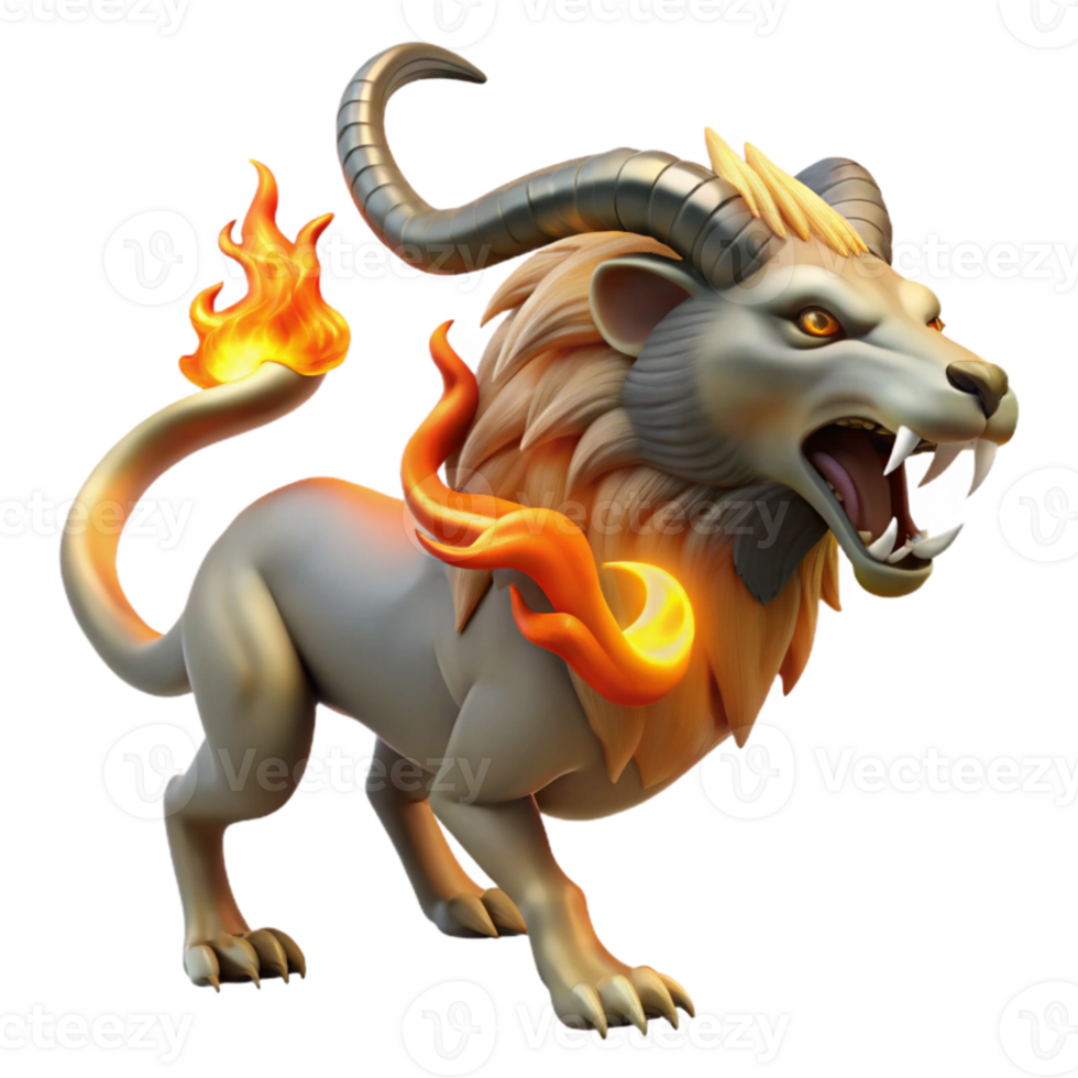 serene abstract A fierce chimera breathing fire, with a lion's head, a goat's body, and a serpent's tail, illuminated by the flames it exhales. Gothic style authentic png