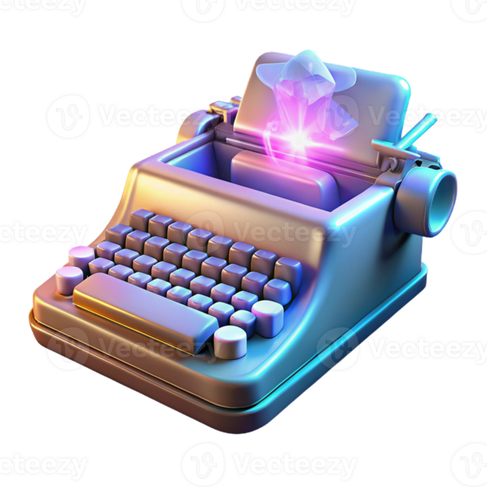 impressive classic An antique typewriter transforming into a holographic keyboard, keys dissolving into pixels mid-transformation, lit by a warm, ambient light. Surreal style 4K png