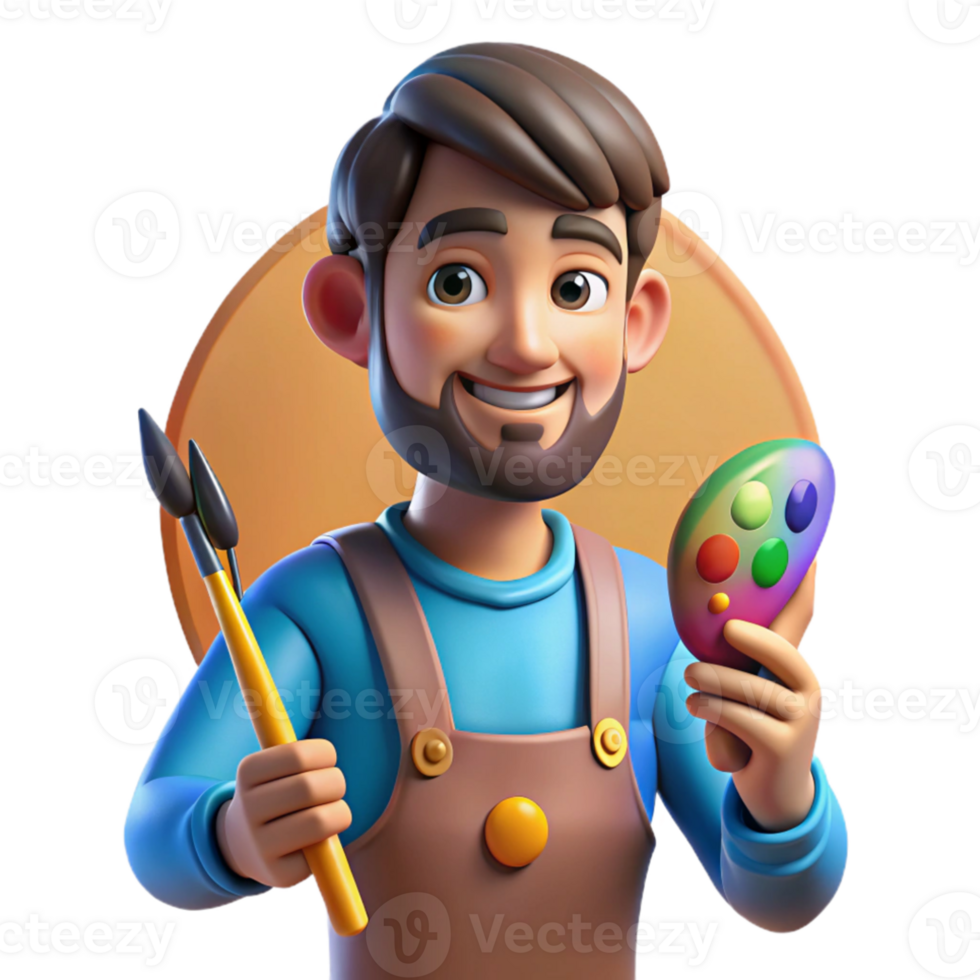 impressive vintage Portrait of a passionate artist with a paintbrush in hand, splattered with paint, lit by natural light from a window, in an expressive style detailed png