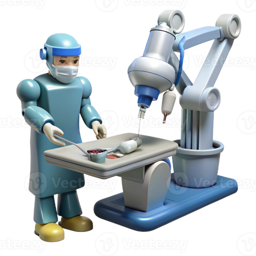 dramatic abstract A robotic surgeon performing a delicate operation, highly detailed robotic arms and surgical instruments, medical illustration style premium png