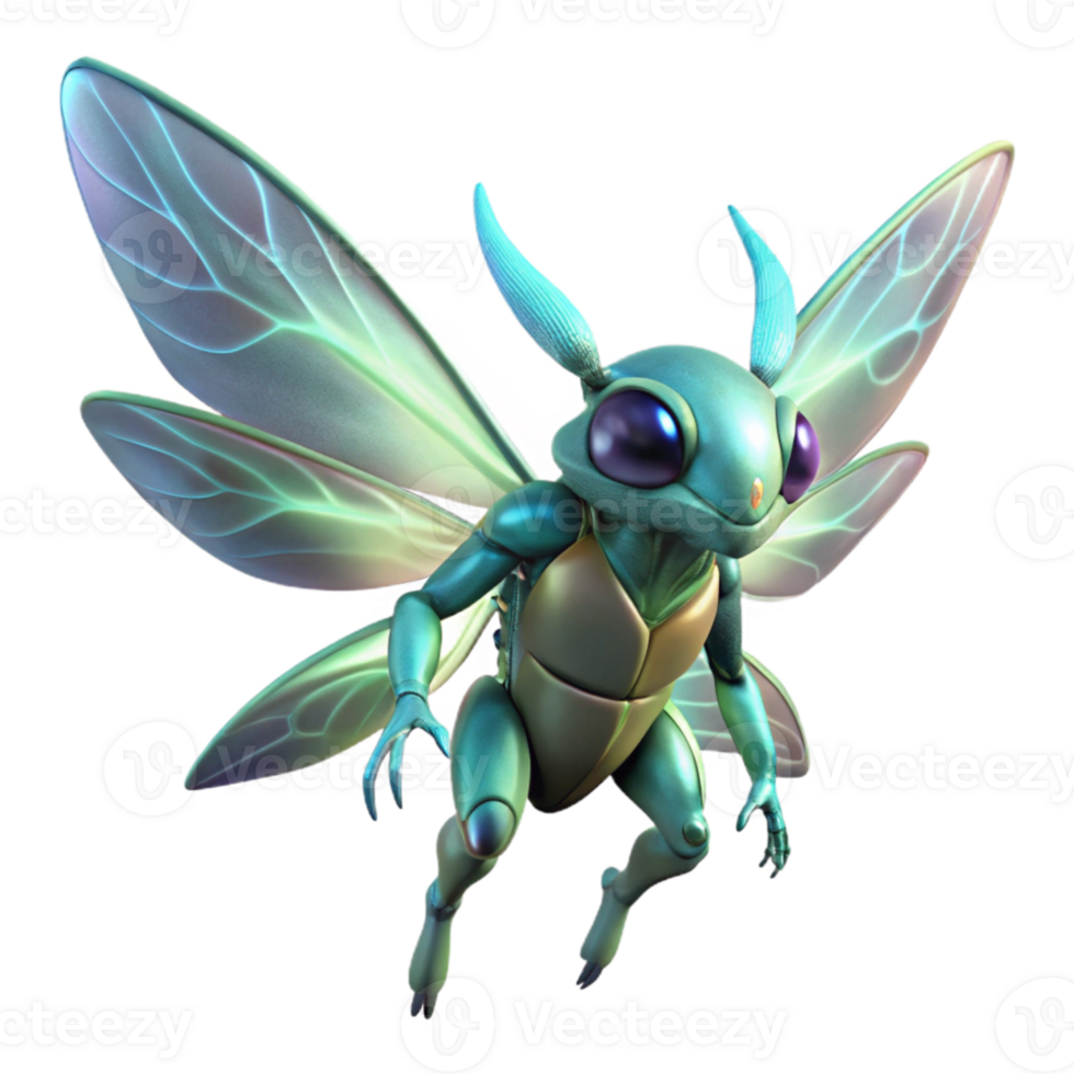 impressive traditional A bio-engineered creature with shimmering wings flies through a bioluminescent forest. Soft lighting, fantasy style high quality png