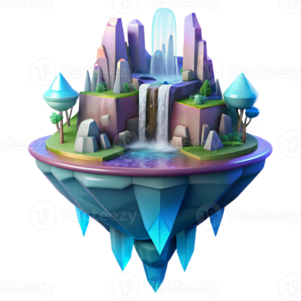 dramatic artistic Floating island city, waterfalls cascading down the sides, crystalline architecture, vibrant colors, dreamlike atmosphere high resolution png