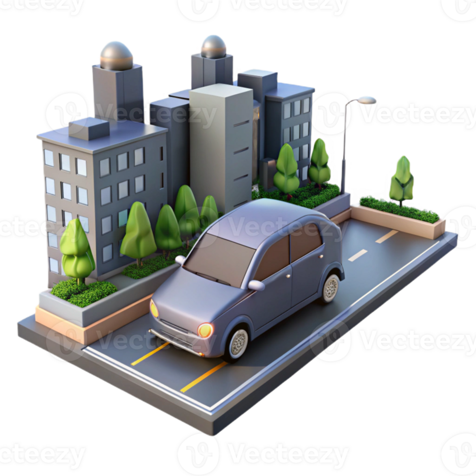 serene minimalist A self-driving car navigating a city street, photorealistic style high resolution png