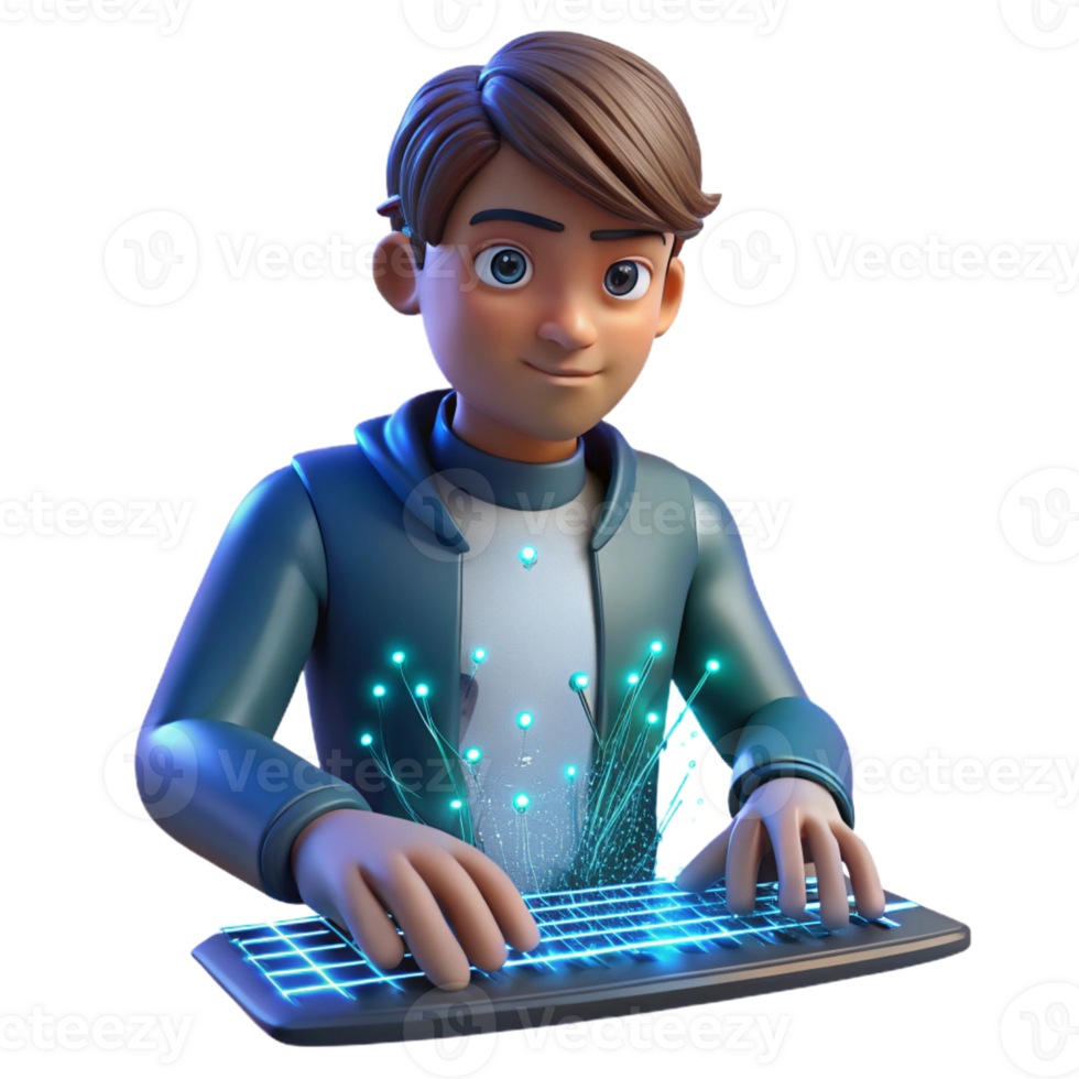 beautiful rustic A young hacker with glowing data streams projected onto their face, fingers flying across a holographic keyboard, immersed in the digital world high quality png