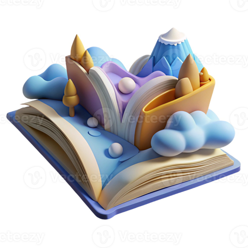 stunning contemporary A giant, open book with pages turning themselves, revealing surreal landscapes. Fantasy art style high quality png