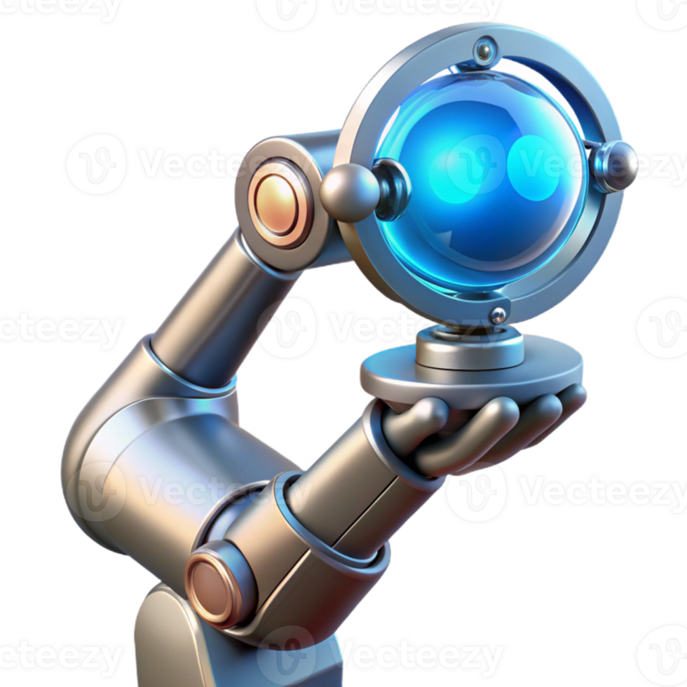 stunning modern A chrome robotic arm delicately holding a glowing orb of data, intricate wires and circuitry visible beneath its polished surface, lit by a soft blue neon light. Cinematic style 4K png