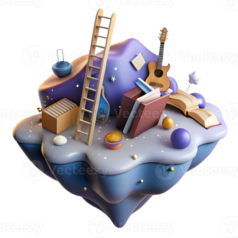 vibrant classic A floating island composed of books and musical instruments, connected by ladders of light, under a nebula sky. Digital painting style 4K png