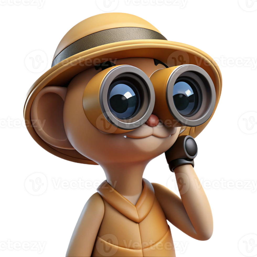 elegant creative A curious meerkat wearing a safari hat and peering through binoculars, lit by a bright, African savanna sunlight, drawn in a documentary-style cartoon professional png
