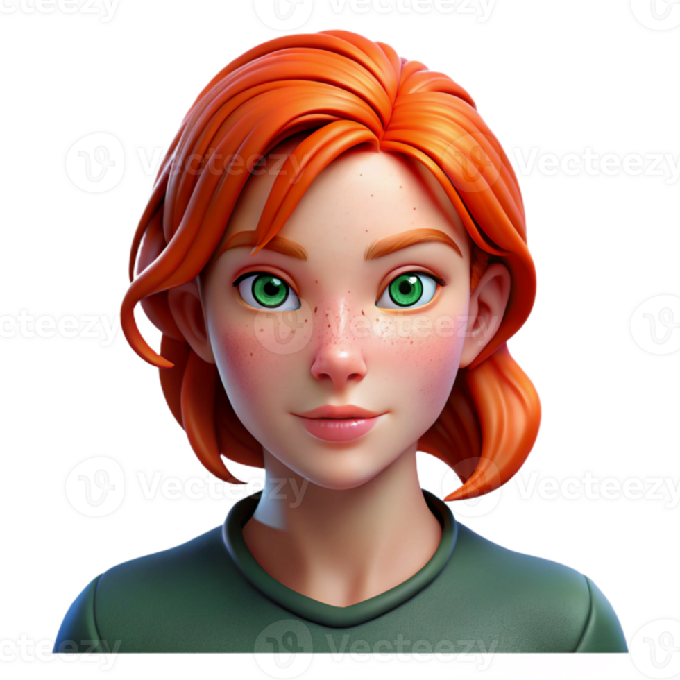 beautiful creative Portrait of a young woman with fiery red hair, freckles, and piercing green eyes, lit by a soft Rembrandt light, in a hyperrealistic style authentic png