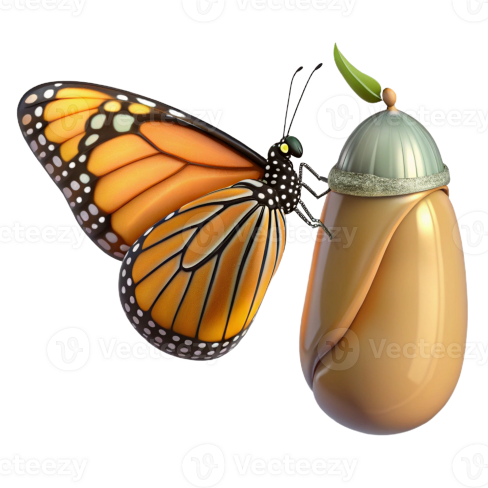 impressive rustic A monarch butterfly emerging from its chrysalis, soft focused background, macro photography style detailed png