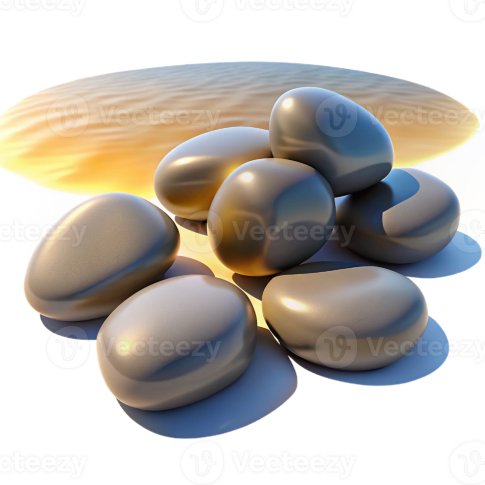 wonderful traditional A group of pebbles on a beach, smooth textures, bright sunlight, photorealistic style authentic png