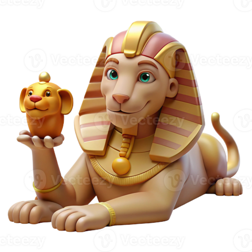 dramatic traditional A cunning sphinx with the body of a lion and the head of a human, posing a riddle in a desert landscape, illuminated by the harsh midday sun. Egyptian style high quality png