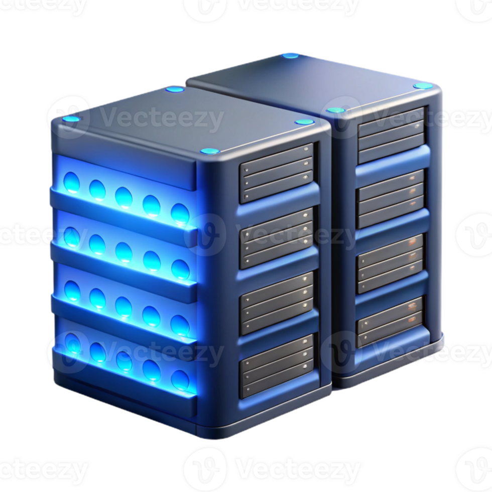 dramatic minimalist A server farm with rows of blinking servers, illuminated by cool blue server room lighting, in a technical style high quality png