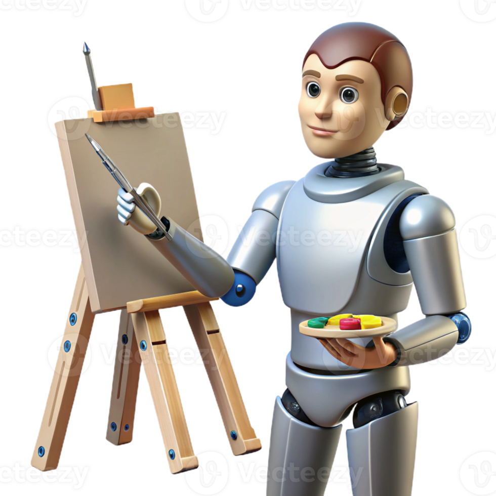serene contemporary A robotic artist with a delicate, mechanical hand, painting a portrait, under soft, natural studio lighting. Renaissance style exclusive png
