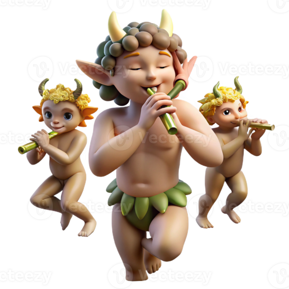 serene vintage A mischievous satyr playing a pan flute, surrounded by dancing nymphs, dappled sunlight, impressionist style professional png