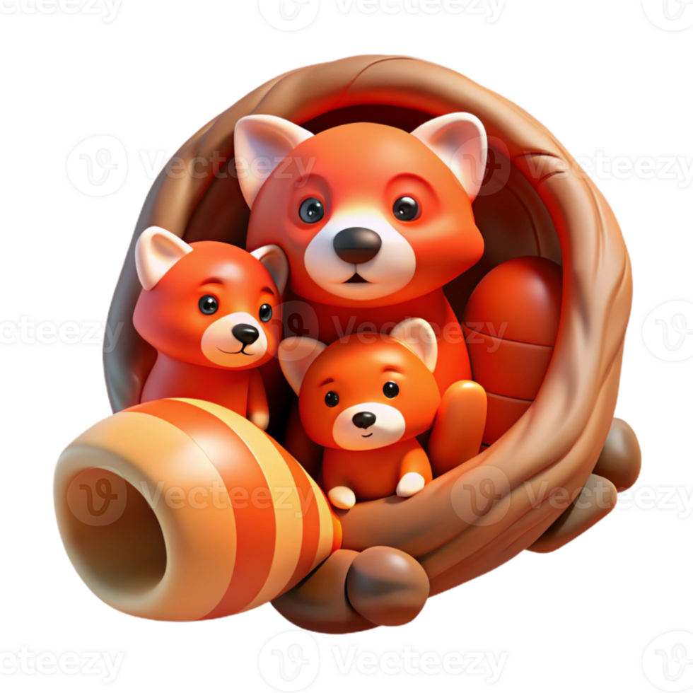 vibrant minimalist A family of red pandas curled up in a hollow log, warm, soft lighting, storybook illustration style 4K png