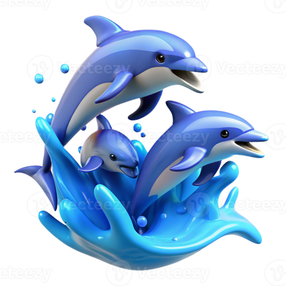 beautiful artistic A group of dolphins leaping out of the ocean, dynamic, playful, vibrant blue water authentic png
