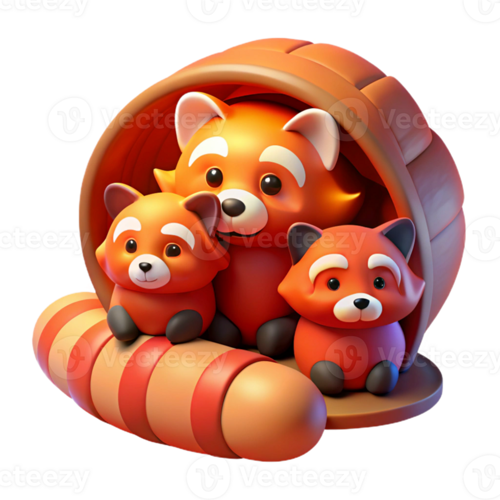 stunning abstract A family of red pandas curled up in a hollow log, warm, soft lighting, storybook illustration style high resolution png