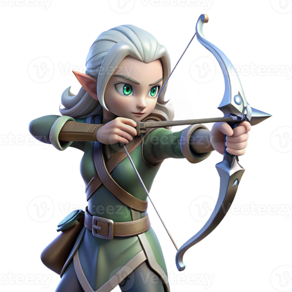 magnificent traditional A graceful elf archer with silver hair, aiming a bow strung with moonlight, in a sun-drenched forest clearing. Digital painting style high resolution png