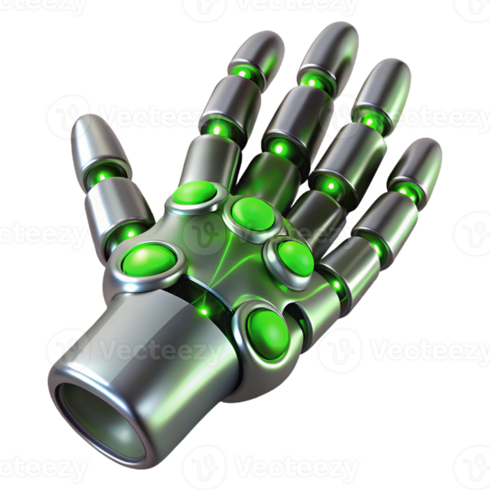 stunning minimalist A sleek, silver nanobot swarm forming the shape of a human hand, illuminated by a pulsating bioluminescent green light. Microscopic detail, scientific illustration style 4K png