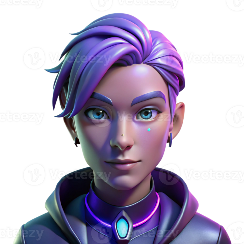 dramatic creative Portrait of a non-binary person with short, purple hair and intricate metallic facial jewelry, lit by a cool, ethereal glow, in a cyberpunk style high resolution png