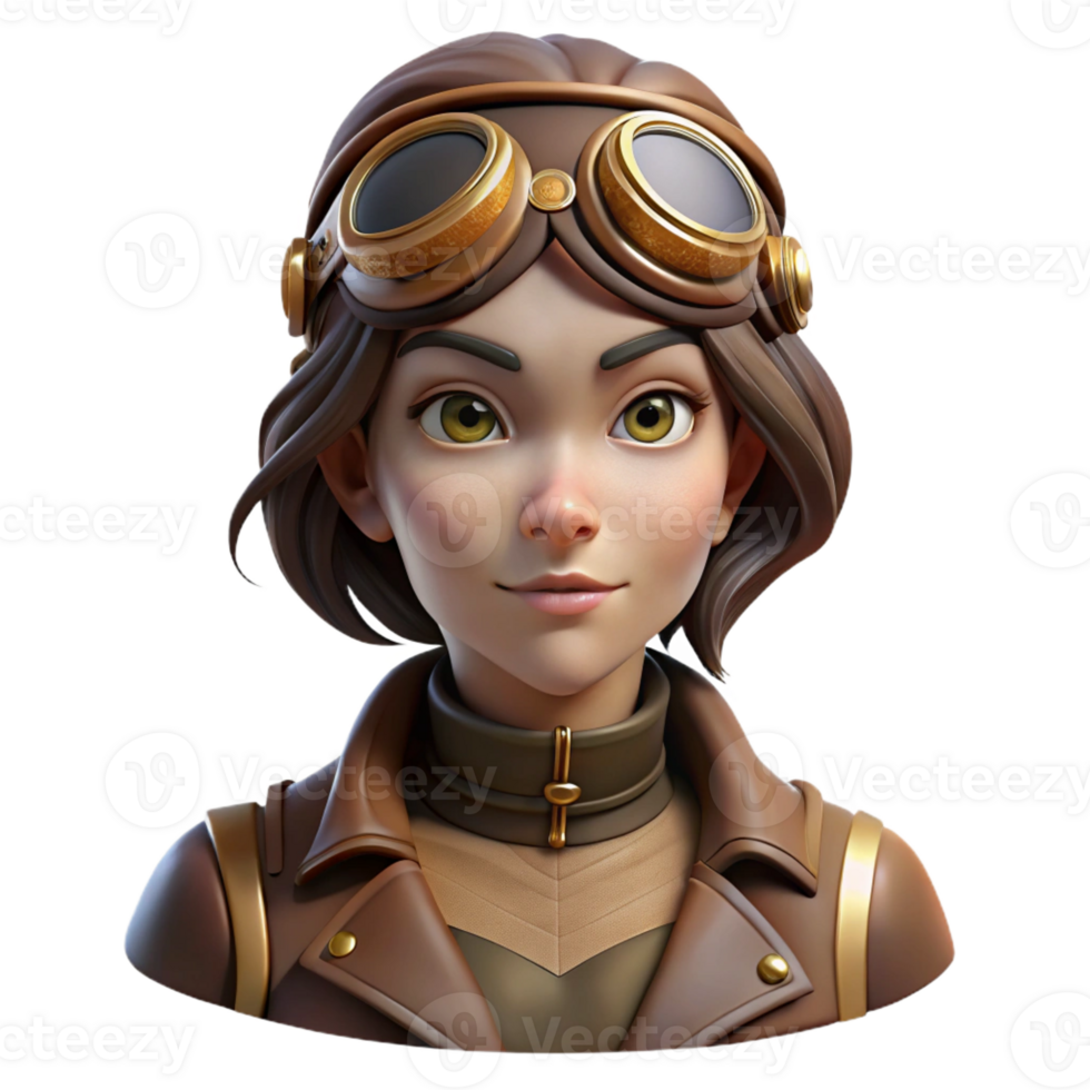 stunning classic A portrait of a steampunk woman, wearing goggles and a leather aviator cap, intricate clockwork jewelry adorning her neck, lit by a soft, Rembrandt lighting premium png