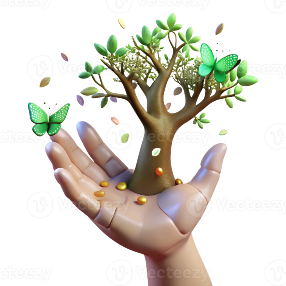 stunning creative A human hand transforming into a tree with branches of light and leaves of butterflies, in a surrealist style, genuine png