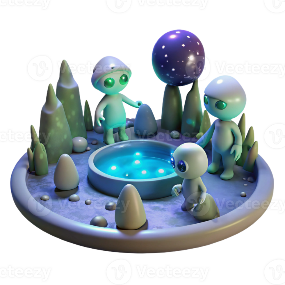 beautiful modern A group of alien creatures gathered around a bioluminescent pool on a moonlit planet. Fantasy, mysterious, soft lighting authentic png