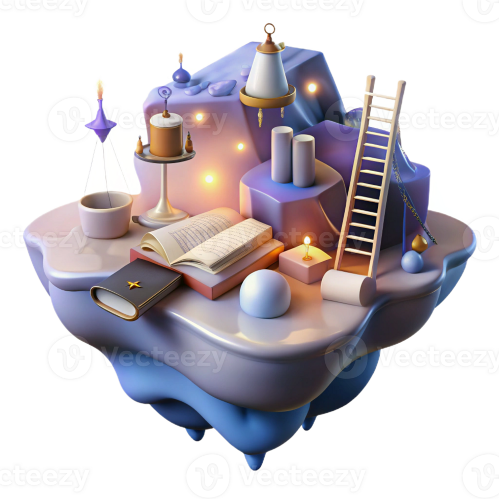 stunning contemporary A floating island composed of books and musical instruments, connected by ladders of light, under a nebula sky. Digital painting style authentic png