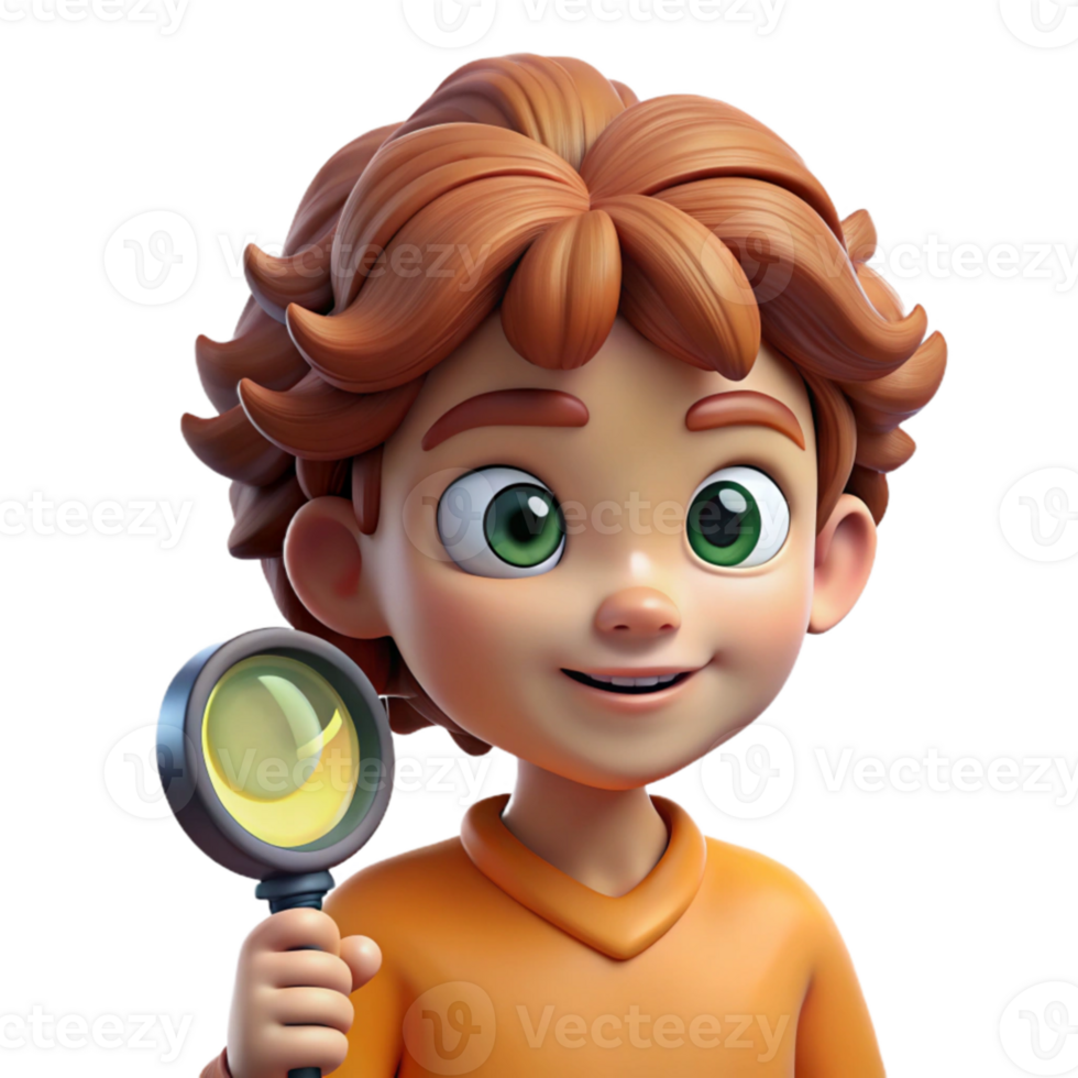 serene classic Portrait of a curious child with wide eyes and messy hair, holding a magnifying glass, lit by warm sunlight, in a whimsical style professional png