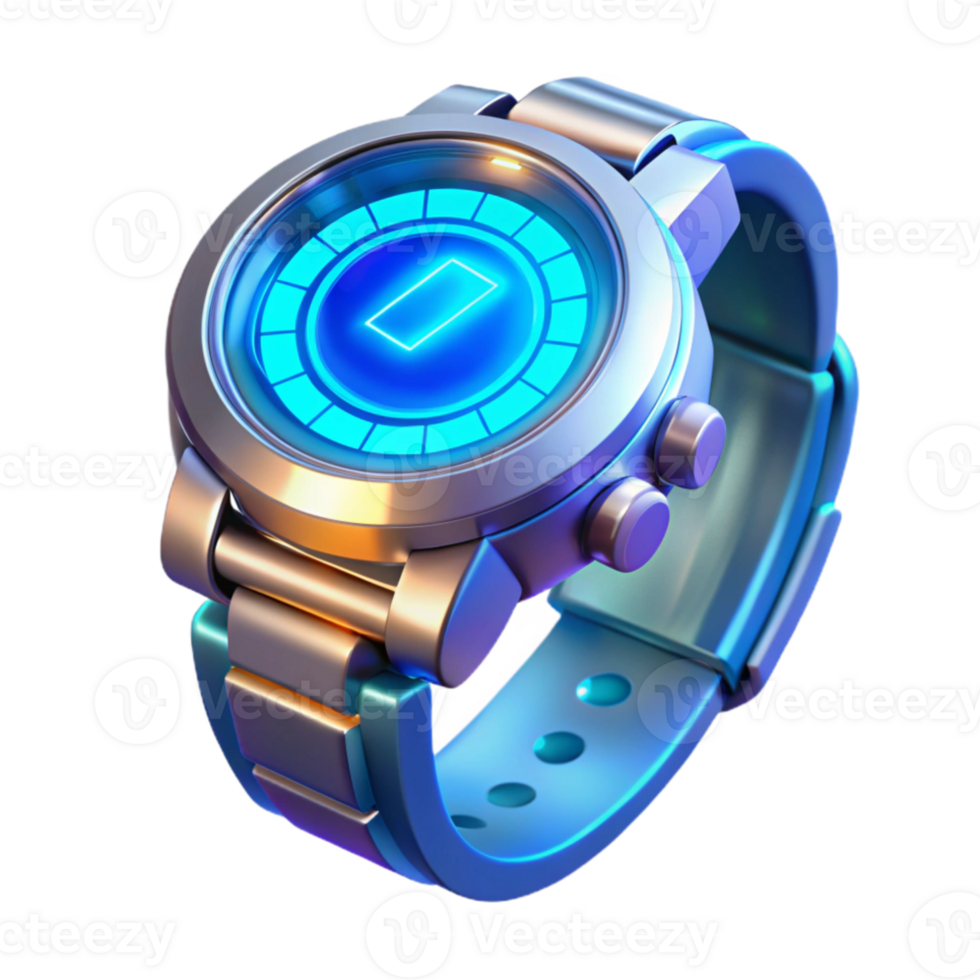 elegant abstract A futuristic watch displaying holographic information, sleek design, metallic texture, blue lighting premium png