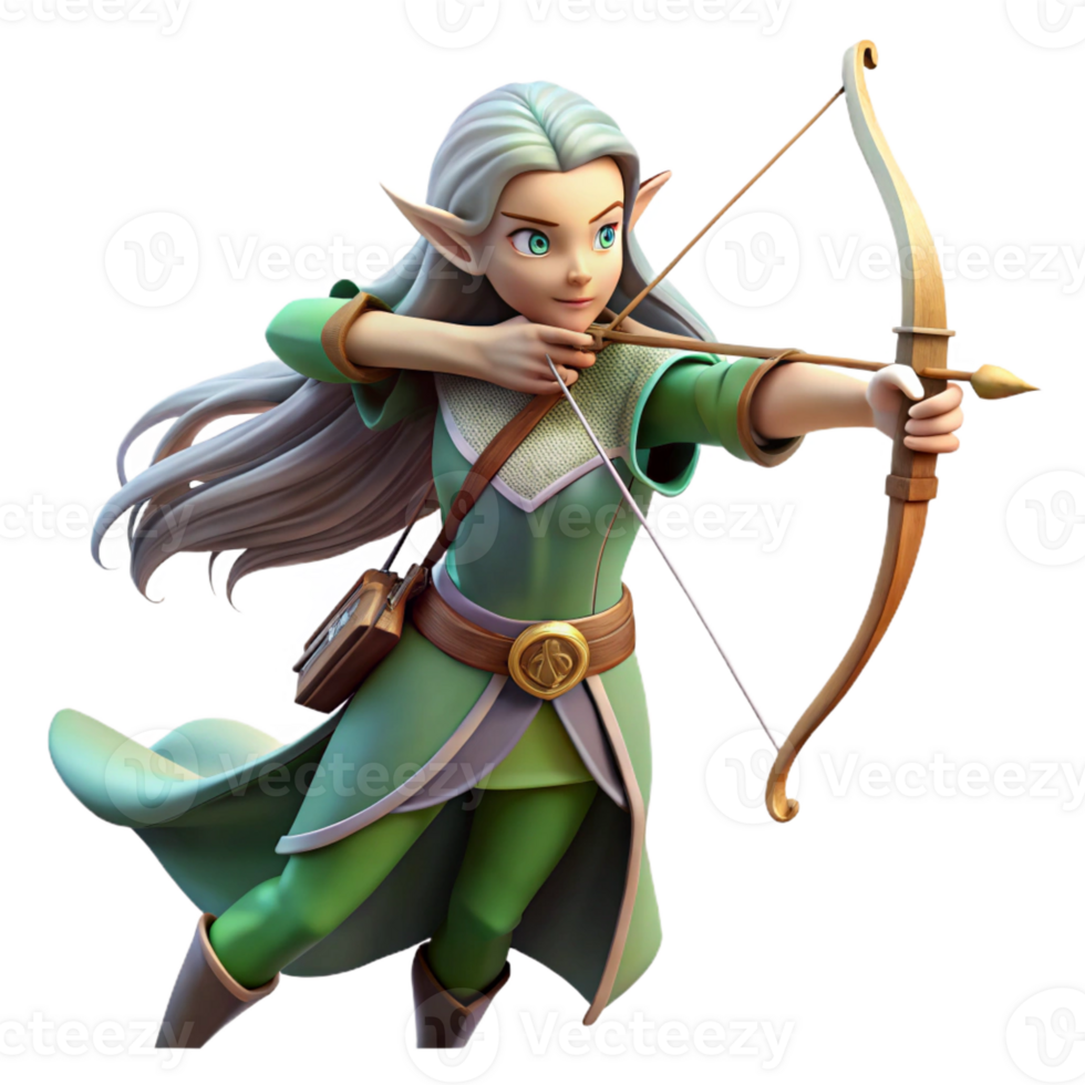 impressive contemporary A graceful elf archer with long flowing hair and a silver bow, aiming an arrow, dappled forest light. Pre-Raphaelite style detailed png