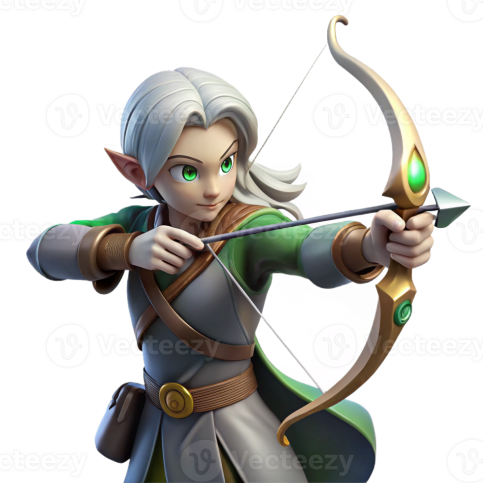 elegant minimalist A graceful elf archer with silver hair, aiming a bow strung with moonlight, in a sun-drenched forest clearing. Digital painting style genuine png