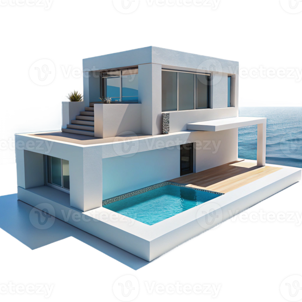 beautiful rustic Modernist villa, white concrete, minimalist design, infinity pool overlooking the ocean, clear blue sky original png