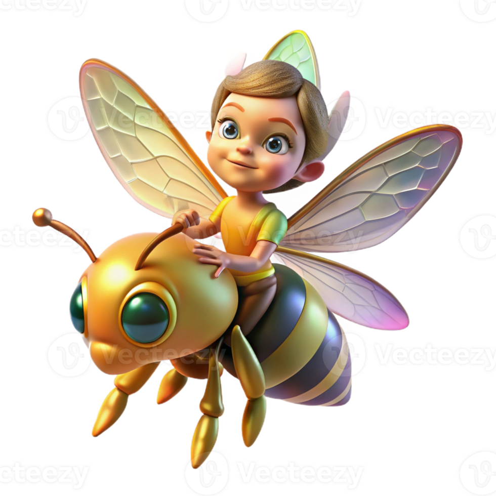 extraordinary modern A playful pixie, with iridescent wings, riding a giant bumblebee, lit by dappled sunlight. Children's book illustration style 4K png