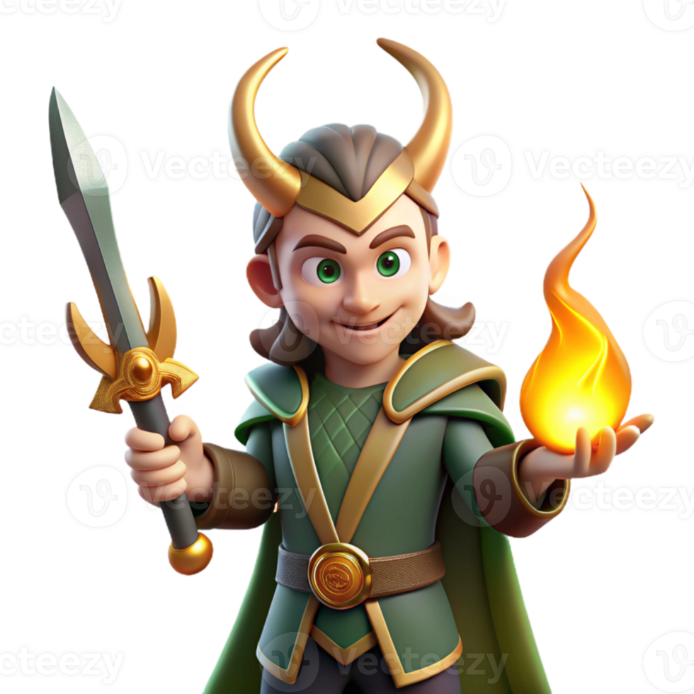 beautiful classic A cunning Loki, the Norse trickster god, with a mischievous grin, holding a flaming sword, illuminated by flickering firelight. Norse style professional png