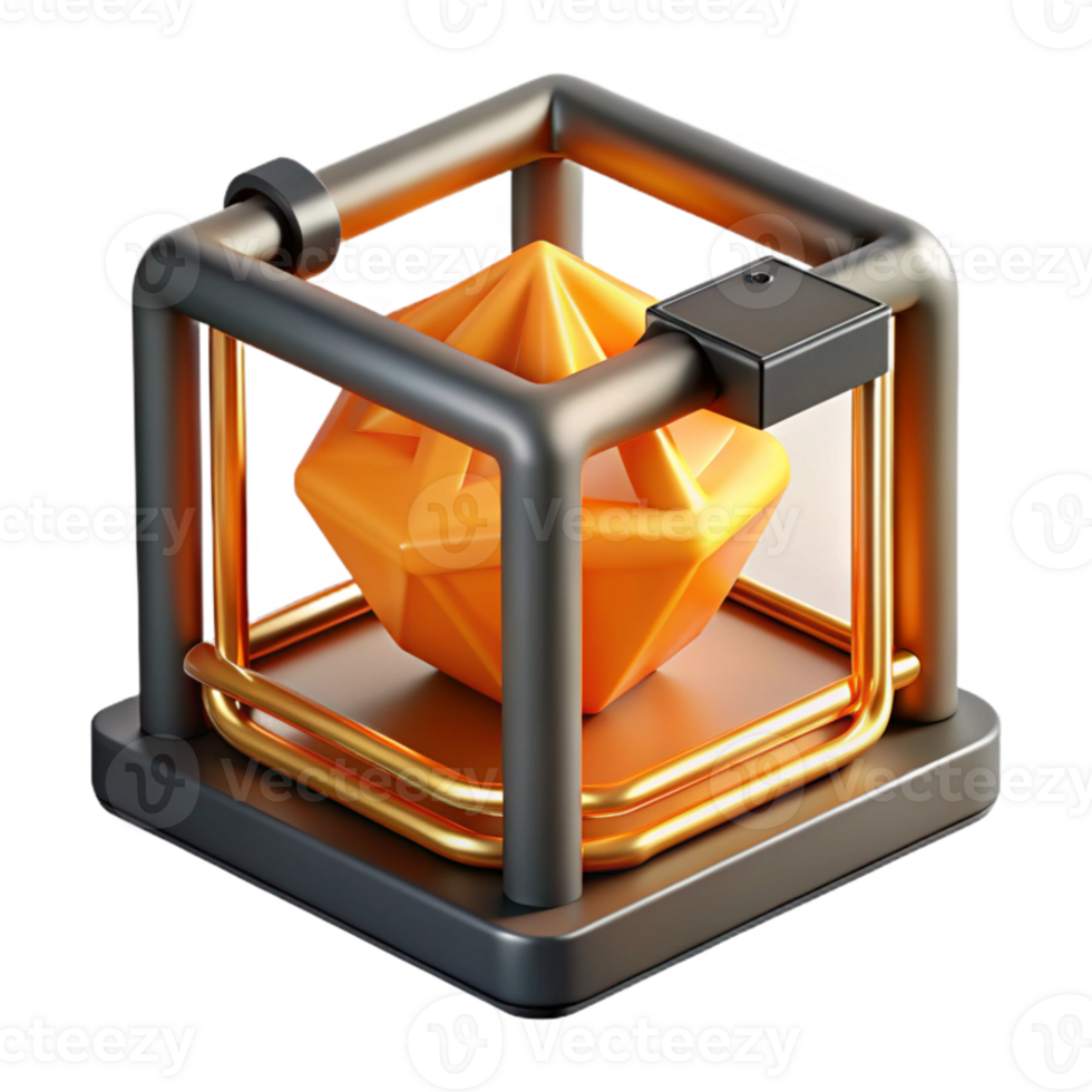elegant contemporary A 3D printer creating a complex geometric shape, molten plastic glowing orange, industrial design style original png