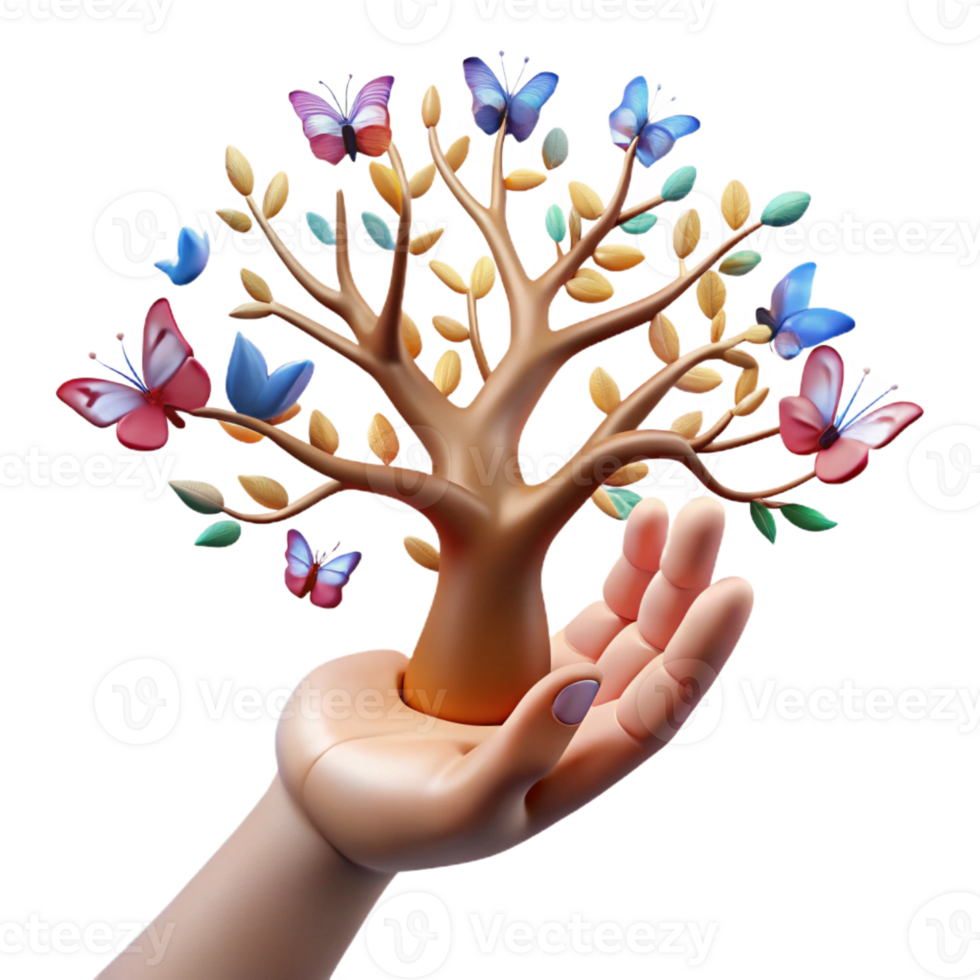 elegant classic A human hand transforming into a tree with branches of light and leaves of butterflies, in a surrealist style, high resolution png