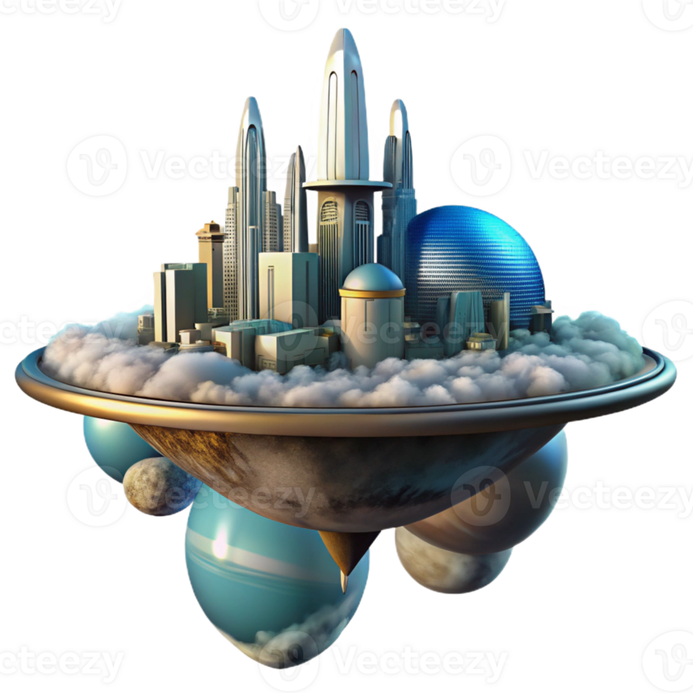 magnificent contemporary Floating city above a gas giant planet, futuristic architecture, swirling clouds, panoramic view 4K png