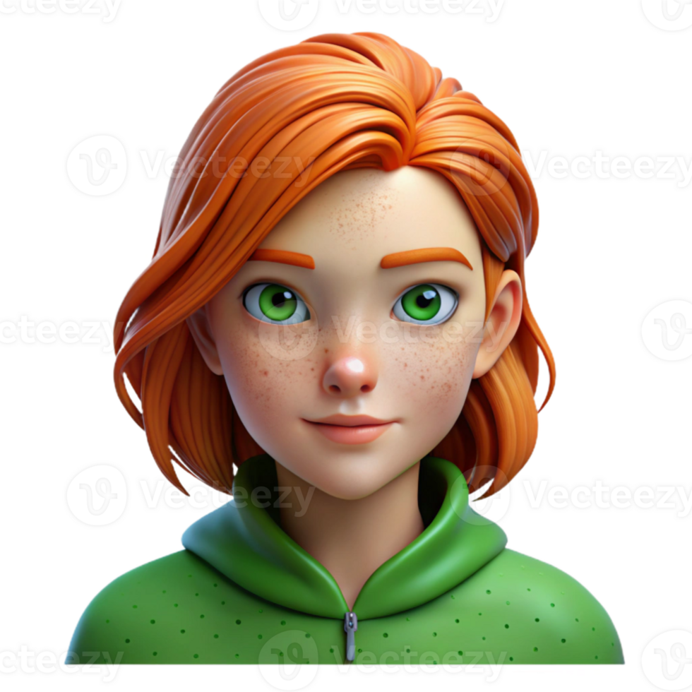 extraordinary artistic Portrait of a young woman with fiery red hair, freckles, and piercing green eyes, lit by a soft Rembrandt light, in a hyperrealistic style original png
