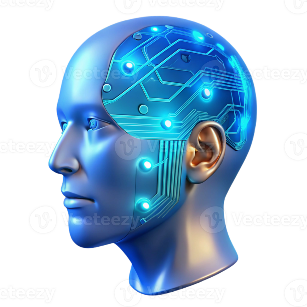 stunning contemporary A transparent human head with visible circuitry and data streams flowing through the brain, illuminated by a cool blue light. Cyberpunk style high quality png