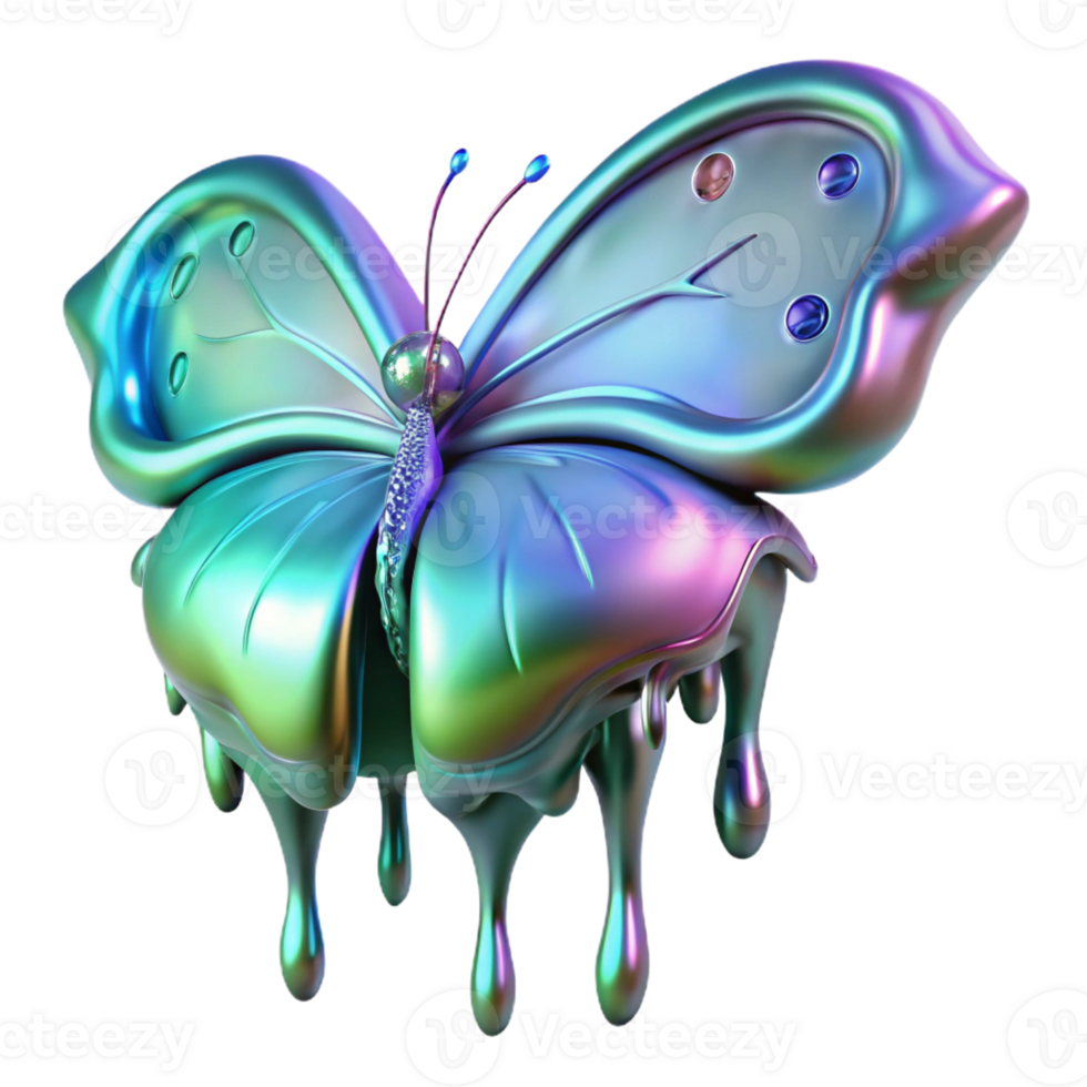 vibrant traditional A melting clock dripping onto a giant, iridescent butterfly, illuminated by bioluminescent flora. Art Deco style original png