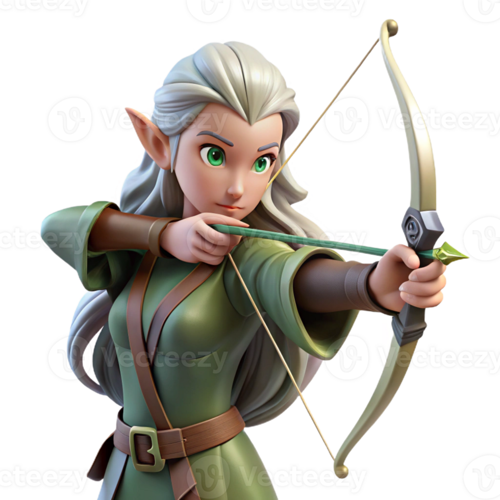 wonderful minimalist A graceful elf archer with long flowing hair and a silver bow, aiming an arrow, dappled forest light. Pre-Raphaelite style authentic png