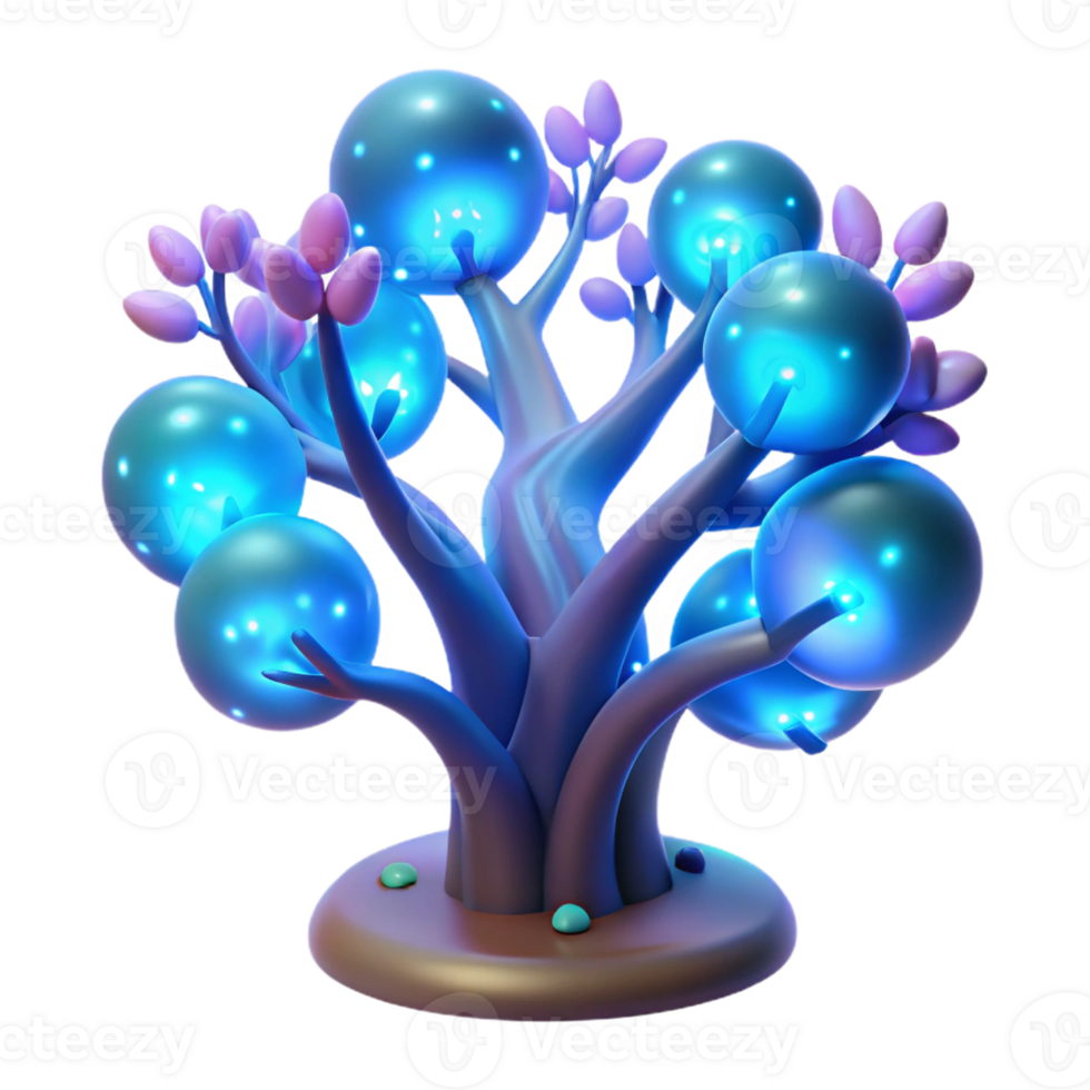 wonderful abstract A bioluminescent tree with glowing branches and pulsating leaves, surrounded by strange, glowing flora, illuminated by a soft blue light in a surreal style professional png