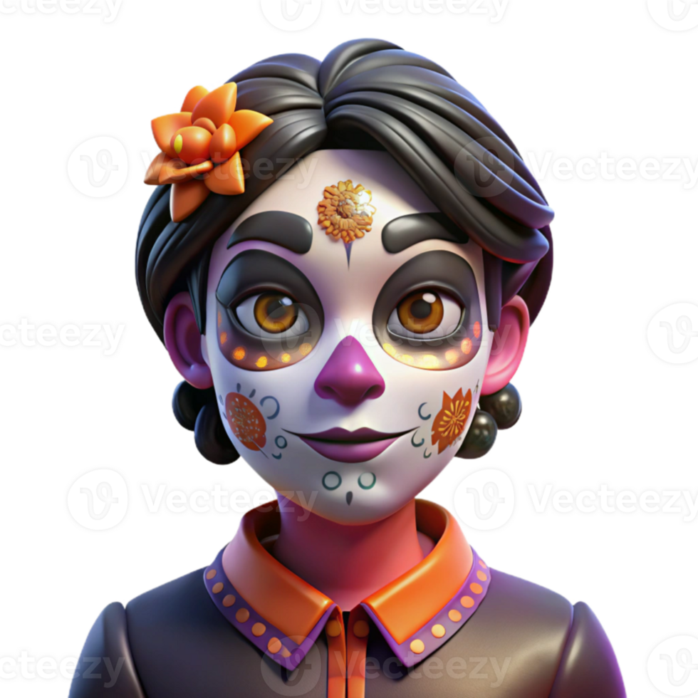 extraordinary vintage Portrait of a person with vibrant face paint inspired by Dia de los Muertos, lit by dramatic, contrasting light, in a folk art style authentic png