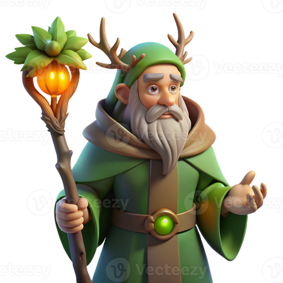 elegant traditional A wise old druid, adorned with oak leaves and acorns, holding a gnarled staff that emits a soft green glow, lit by warm firelight. Romantic style 4K png