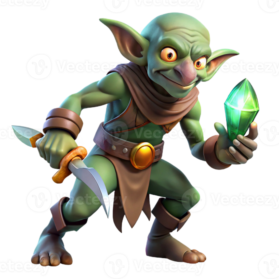 stunning rustic A cunning goblin rogue sneaking through a moonlit forest, clutching a stolen jewel-encrusted dagger. Dark, mysterious lighting. Digital art style high quality png