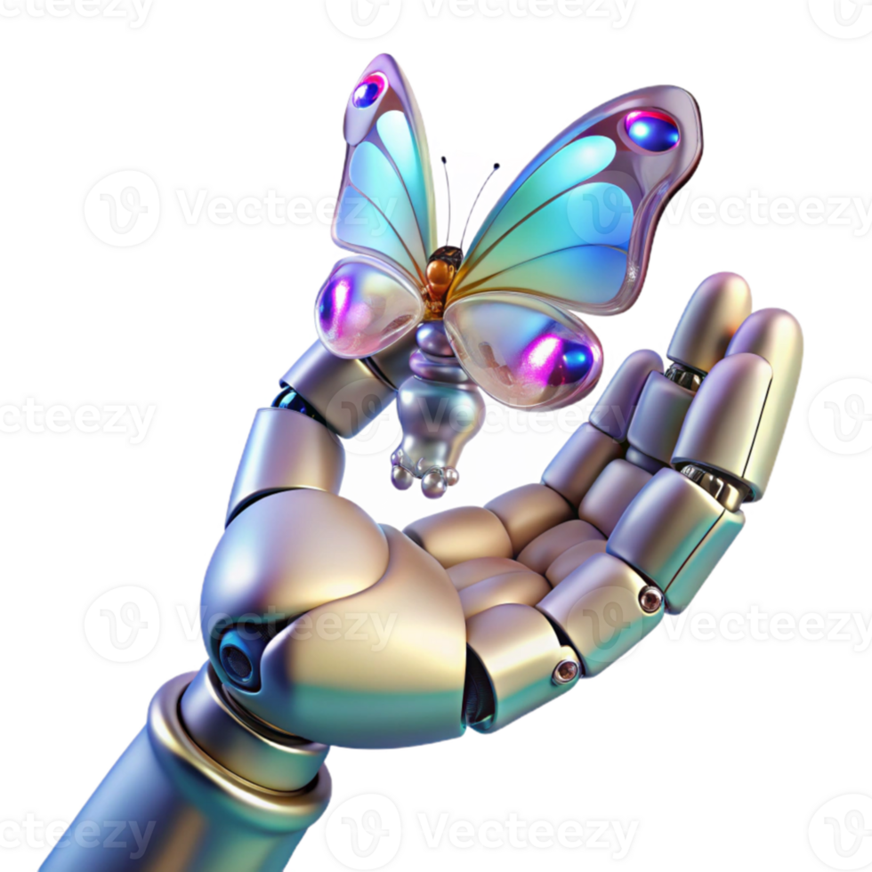 vibrant contemporary A robotic hand, with intricate gears and pistons, reaches out to grasp a shimmering, holographic butterfly. Chiaroscuro lighting authentic png