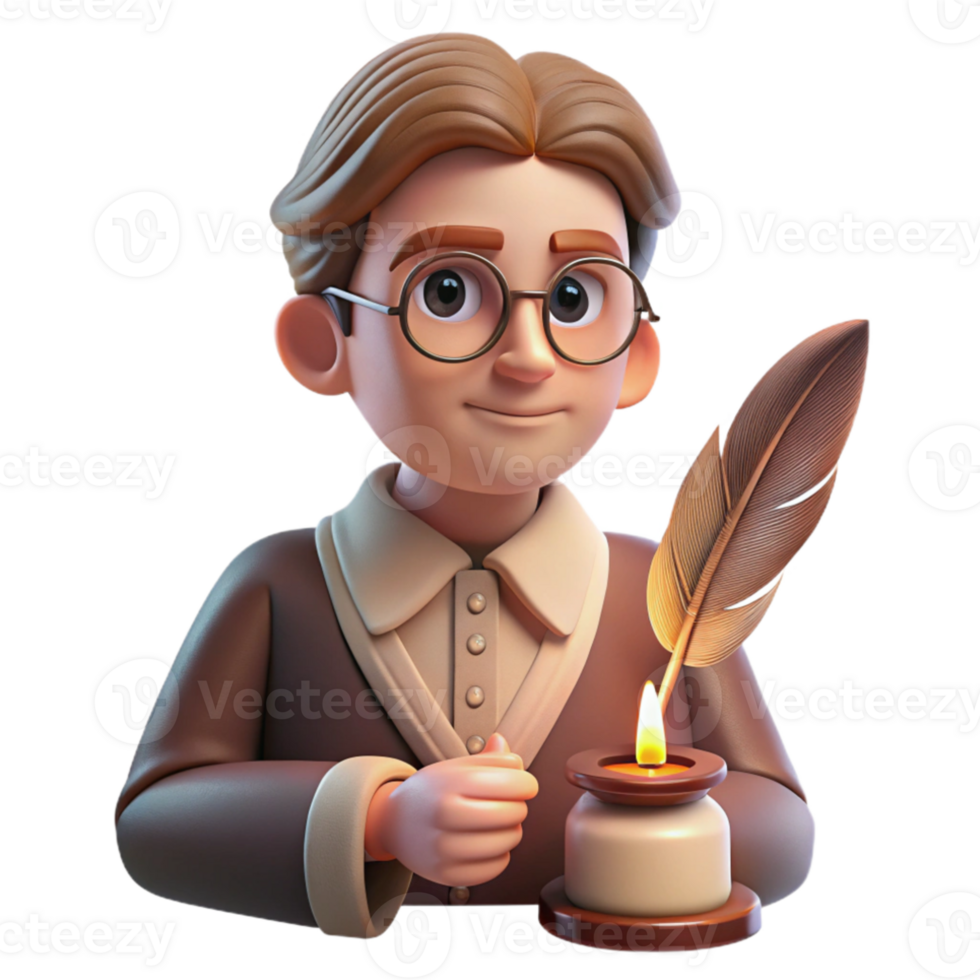dramatic creative Portrait of a pensive writer with spectacles and a quill pen, illuminated by warm candlelight, in a vintage style high quality png